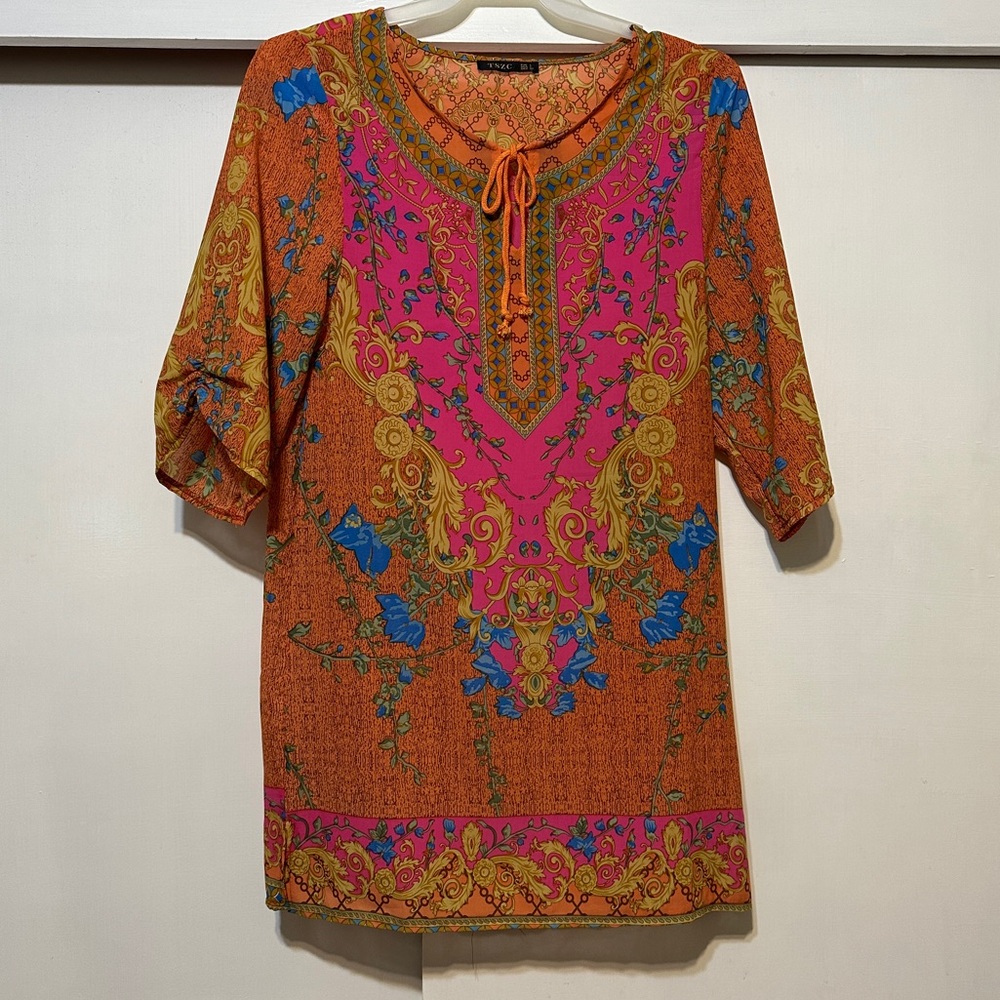 Vibrant Pink and Orange Patterned Tunic